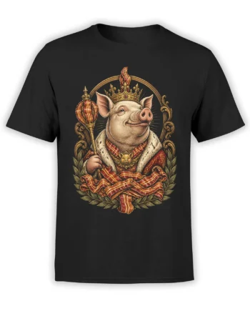 Black T-shirt with a crowned pig in royal robes holding a scepter above a dramatic bacon design