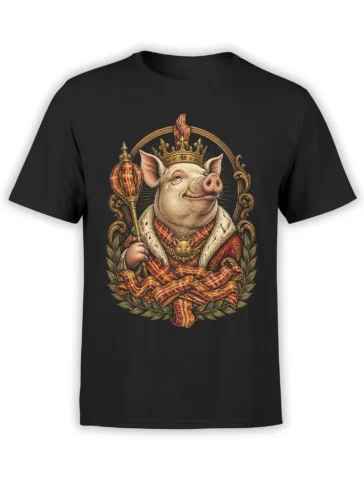 Black T-shirt with a crowned pig in royal robes holding a scepter above a dramatic bacon design