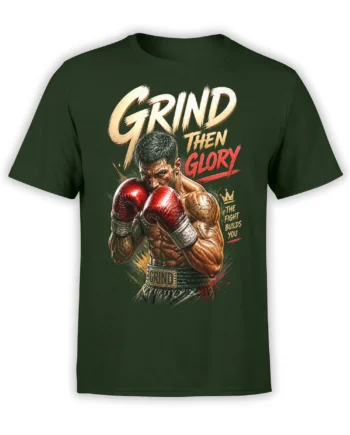 Green boxing T-shirt featuring a determined boxer in red gloves and bold Grind Then Glory lettering