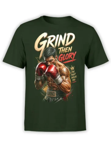 Green boxing T-shirt featuring a determined boxer in red gloves and bold Grind Then Glory lettering