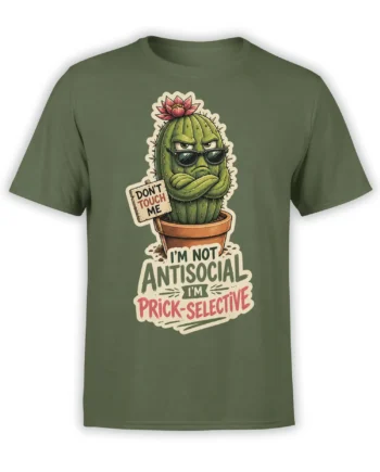 Green T-shirt with a sarcastic cactus in sunglasses and “I’m prick-selective” text
