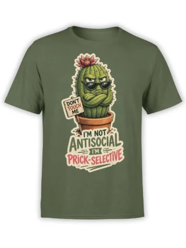 Green T-shirt with a sarcastic cactus in sunglasses and “I’m prick-selective” text
