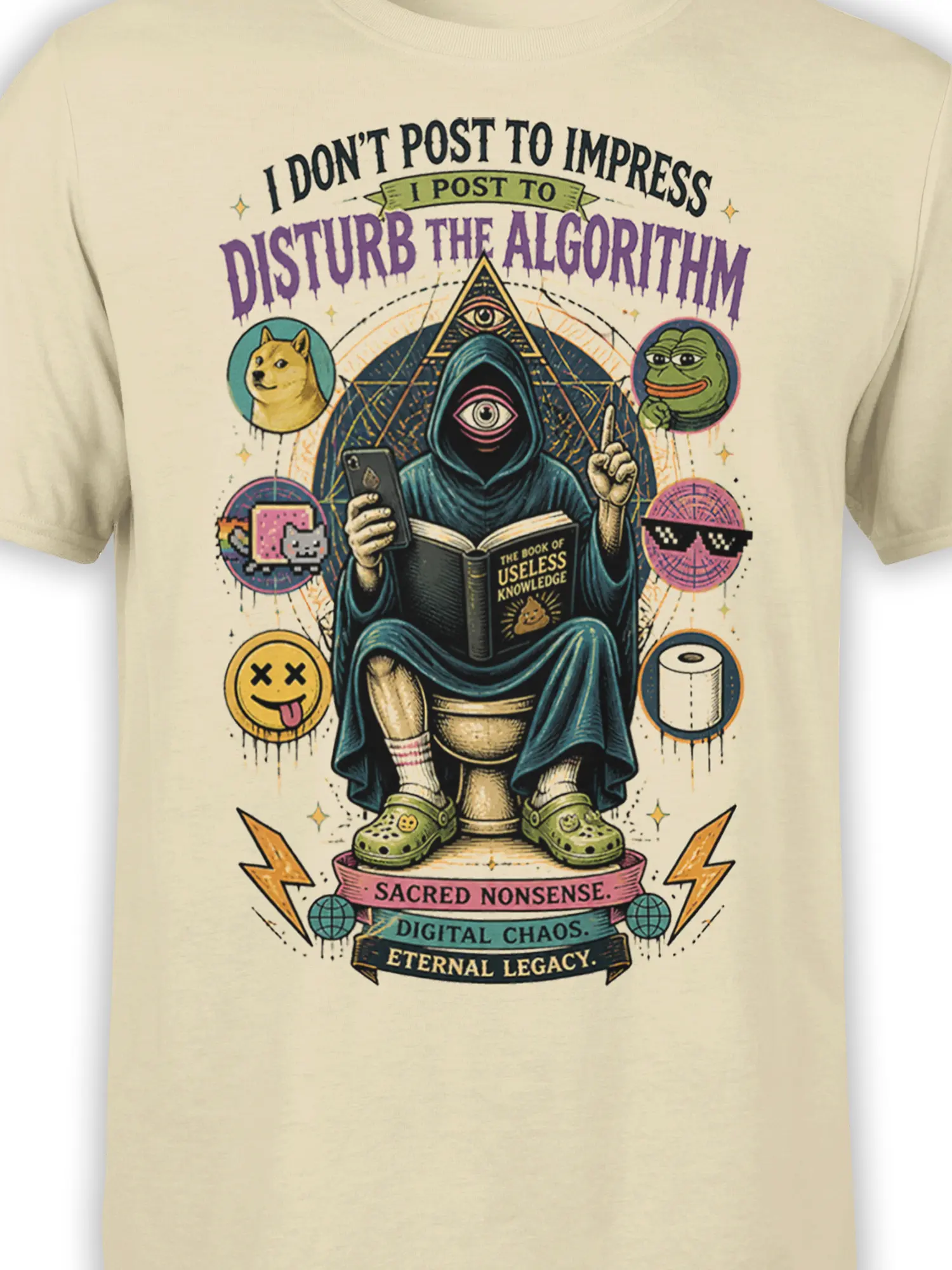 Close-up of hooded one-eyed figure and surreal internet symbols on beige algorithm humor T-shirt
