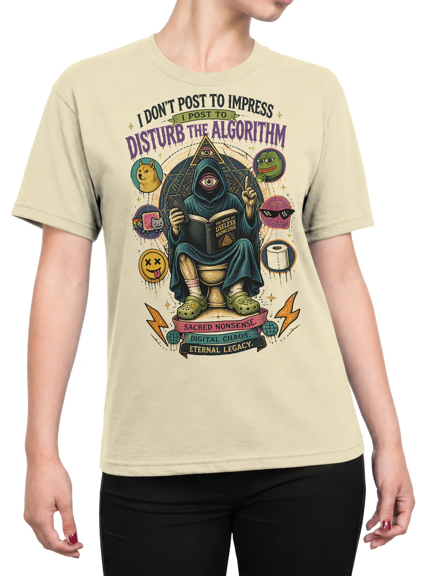Female torso wearing beige T-shirt with hooded figure and digital chaos graphic design
