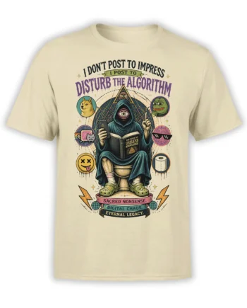 Beige T-shirt with hooded one-eyed figure, phone, surreal symbols, and digital chaos slogan