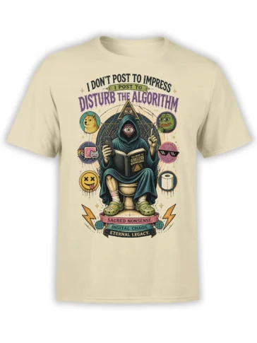 Beige T-shirt with hooded one-eyed figure, phone, surreal symbols, and digital chaos slogan