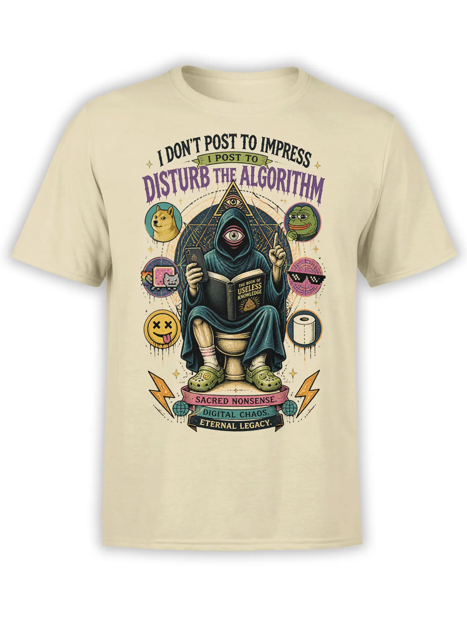 Beige T-shirt with hooded one-eyed figure, phone, surreal symbols, and digital chaos slogan