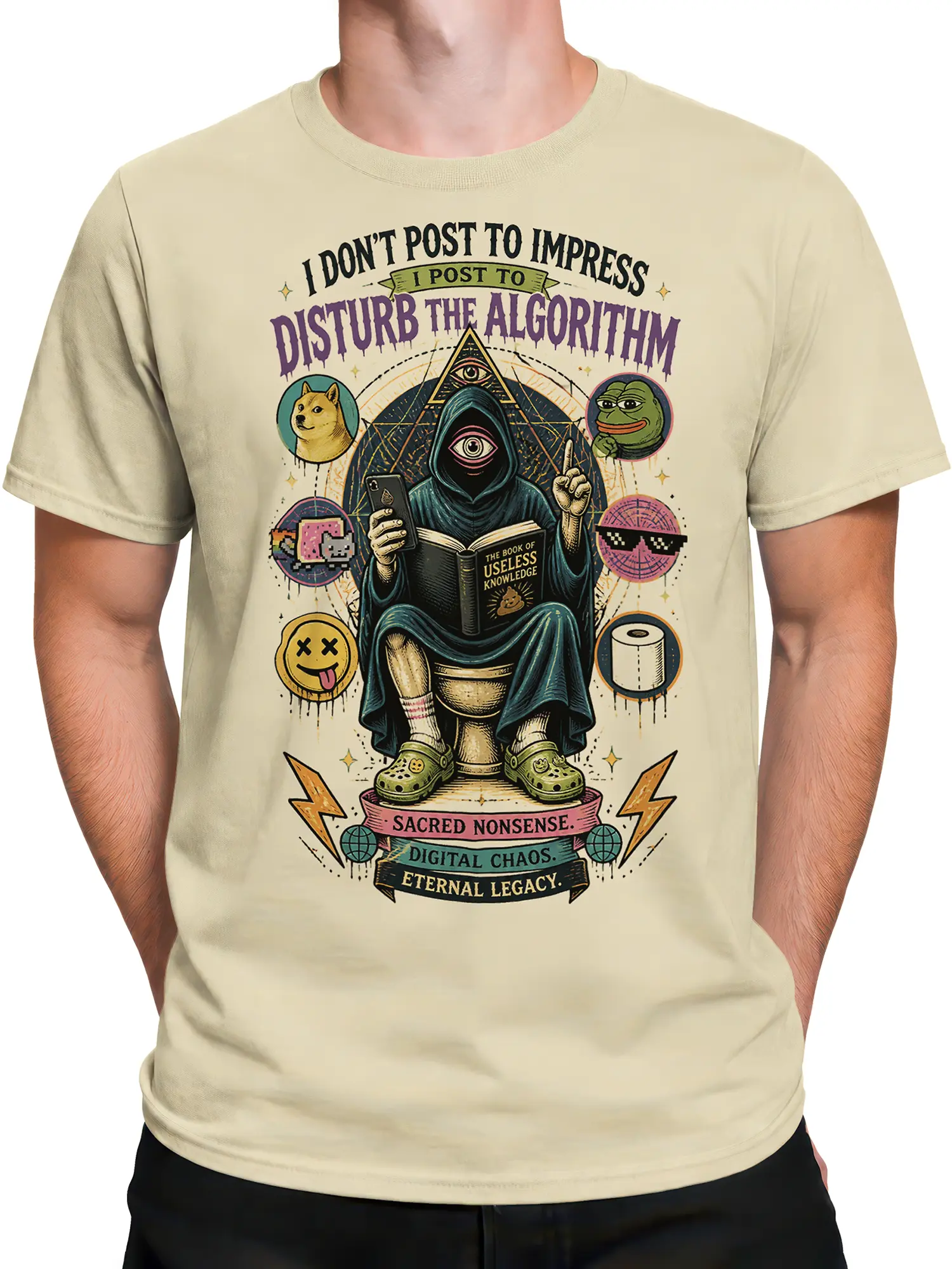 Male torso wearing beige internet humor T-shirt with surreal hooded figure graphic