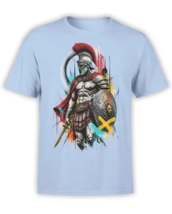 Roman warrior graphic on a light blue T-shirt with armor, sword, red plume, and lion-emblem shield