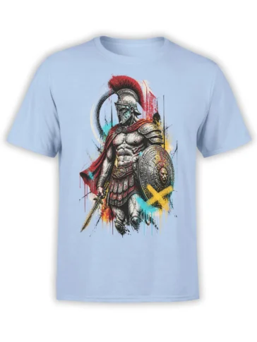 Roman warrior graphic on a light blue T-shirt with armor, sword, red plume, and lion-emblem shield