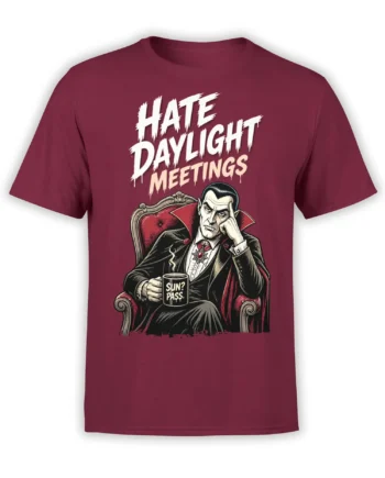 Vintage vampire seated in an ornate chair with a mug and bold daylight meeting text on a burgundy T-shirt