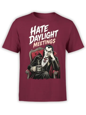 Vintage vampire seated in an ornate chair with a mug and bold daylight meeting text on a burgundy T-shirt