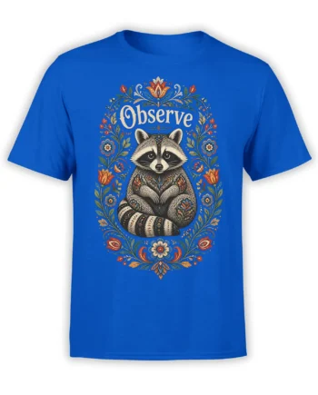 Blue raccoon T-shirt with “Observe” text and a colorful folk floral frame around the animal