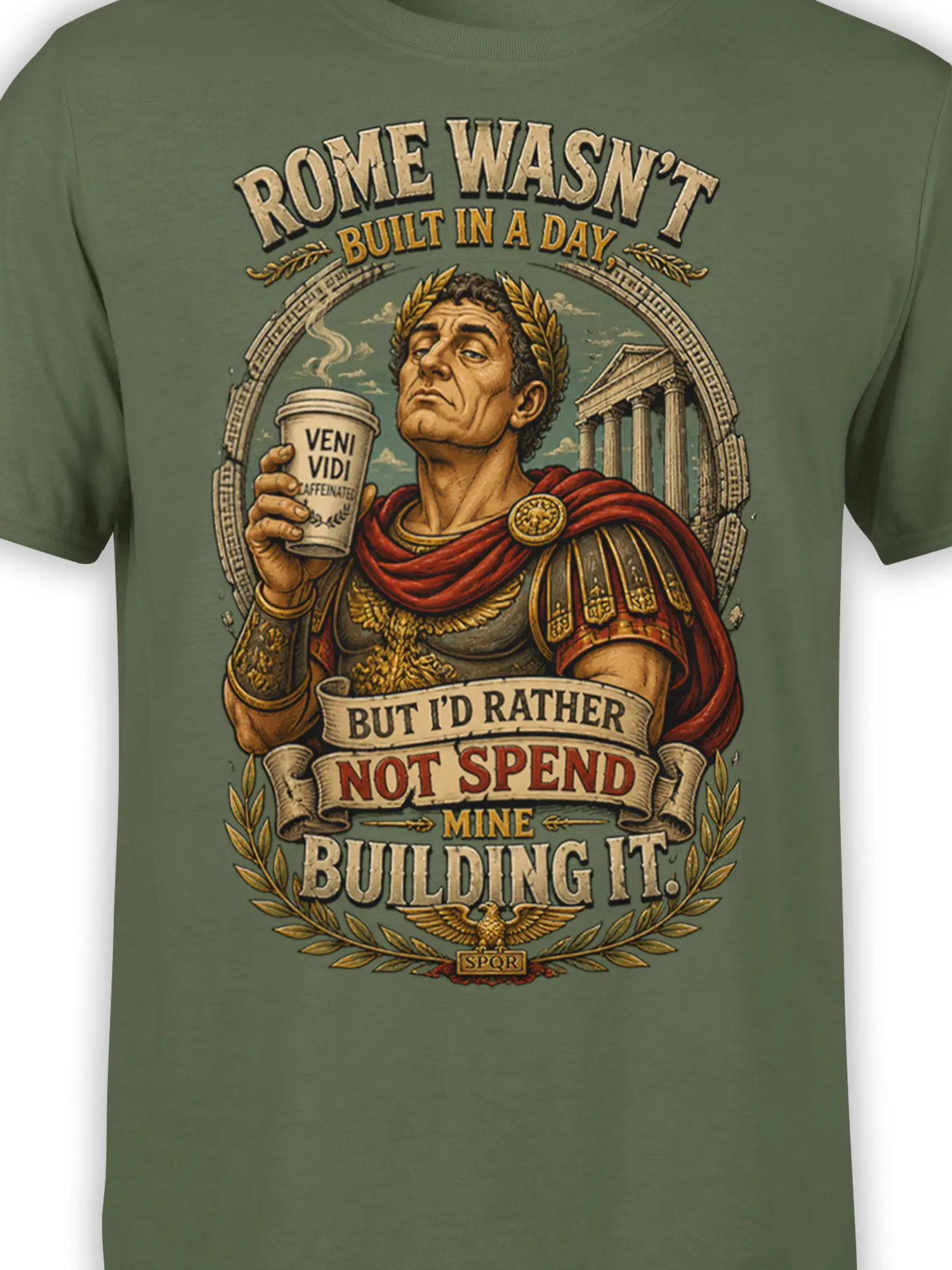 Close-up of Roman coffee artwork with laurel crown, classical columns, and detailed vintage lettering