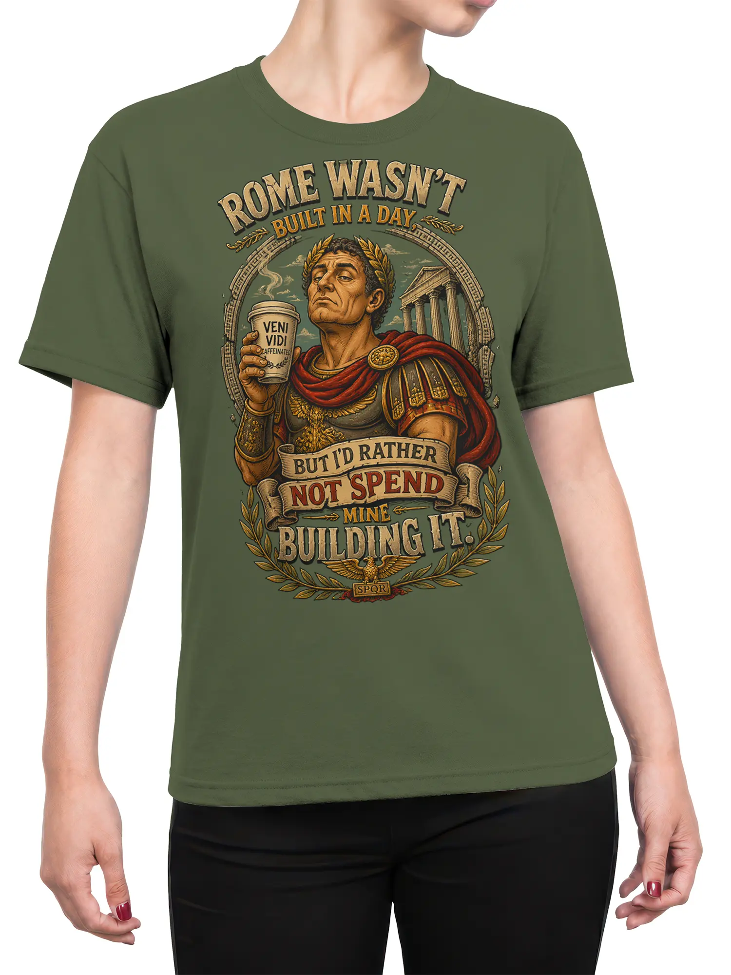Female torso wearing a green shirt with vintage Roman ruler coffee artwork and humorous banners