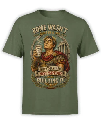Vintage Roman ruler coffee design with laurel wreaths and banners on a green graphic tee