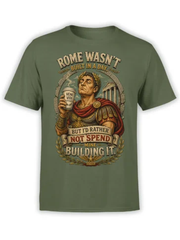 Vintage Roman ruler coffee design with laurel wreaths and banners on a green graphic tee