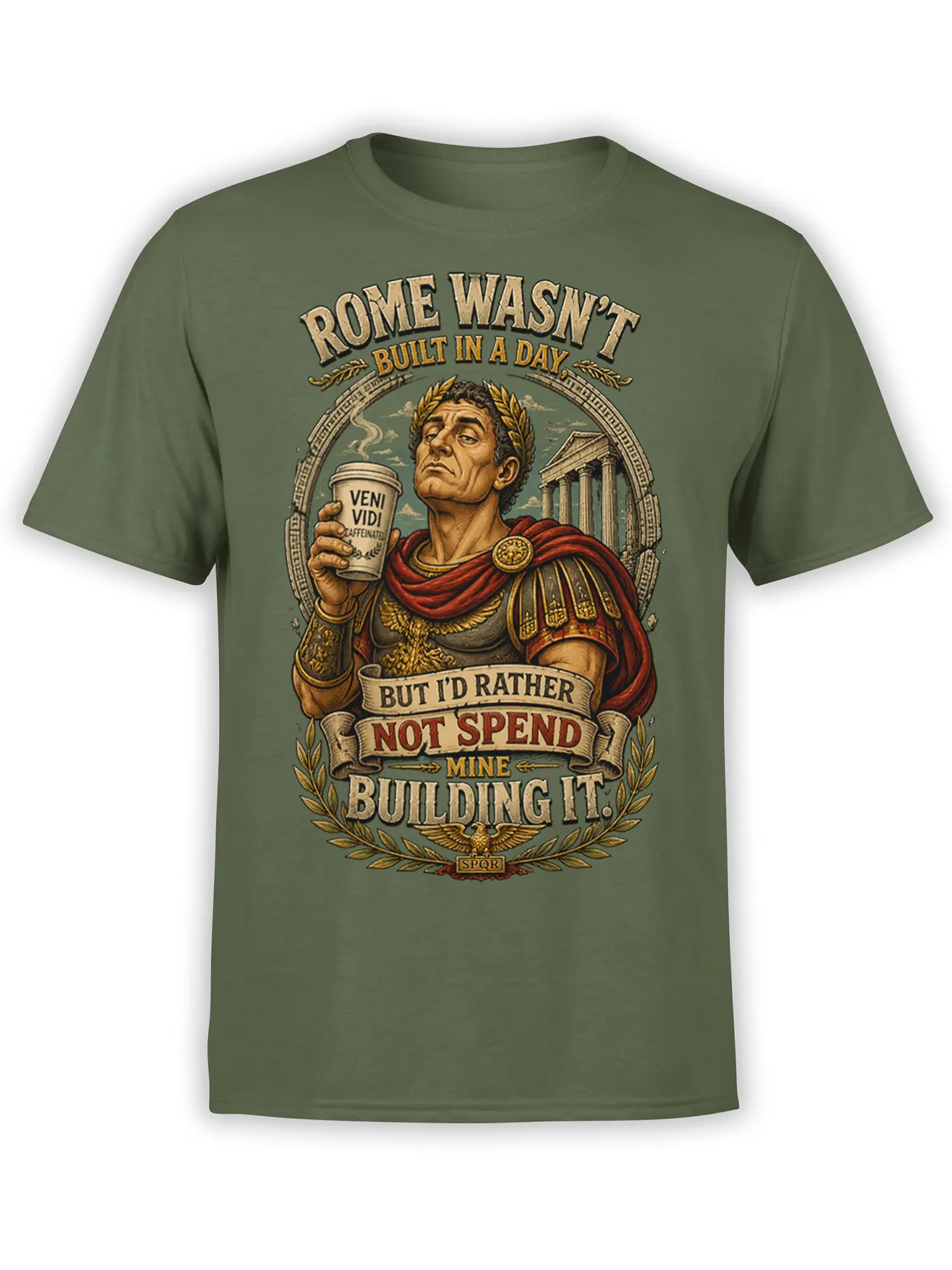 Vintage Roman ruler coffee design with laurel wreaths and banners on a green graphic tee