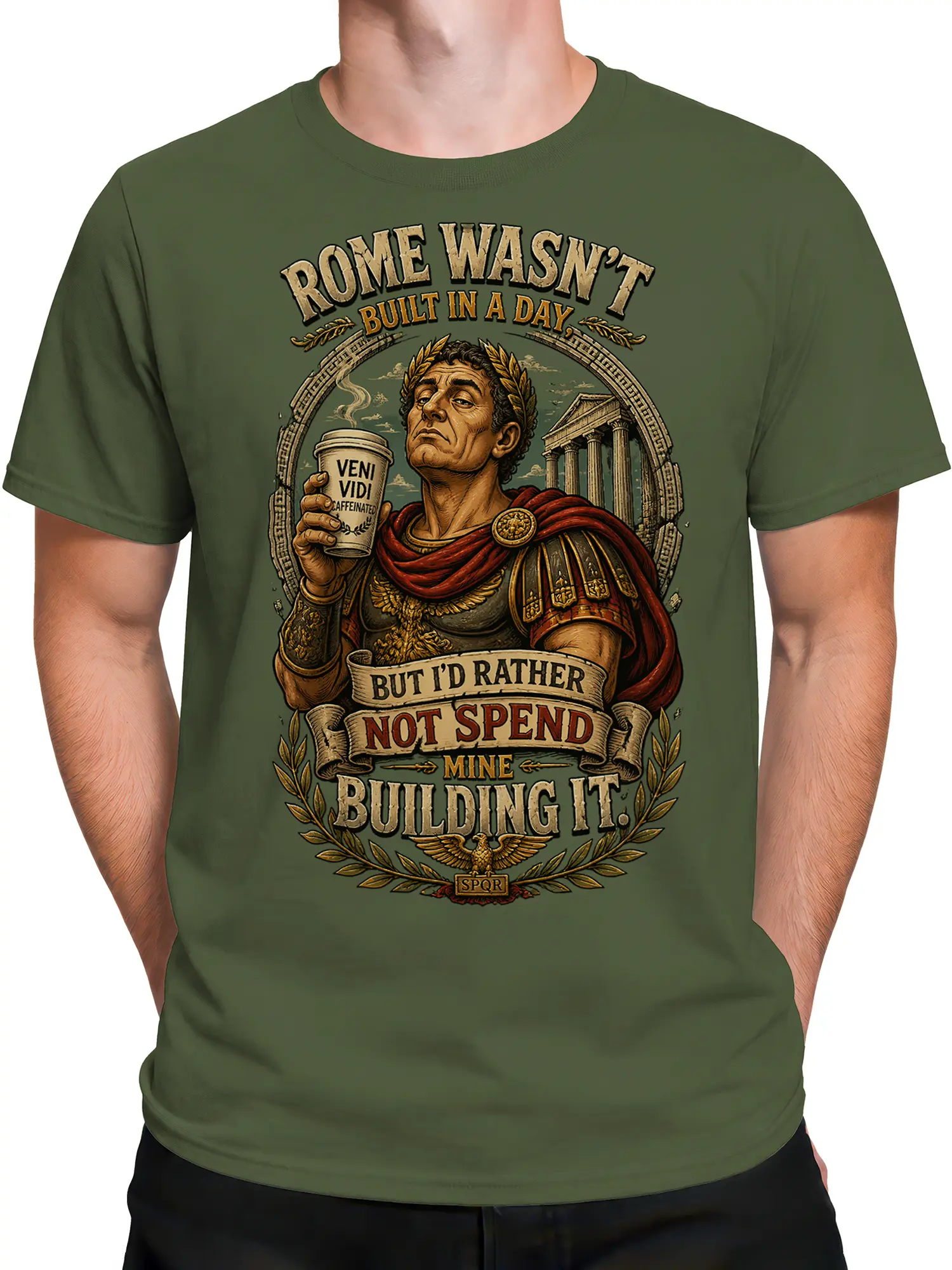 Male torso wearing a green Roman coffee graphic tee with vintage empire artwork