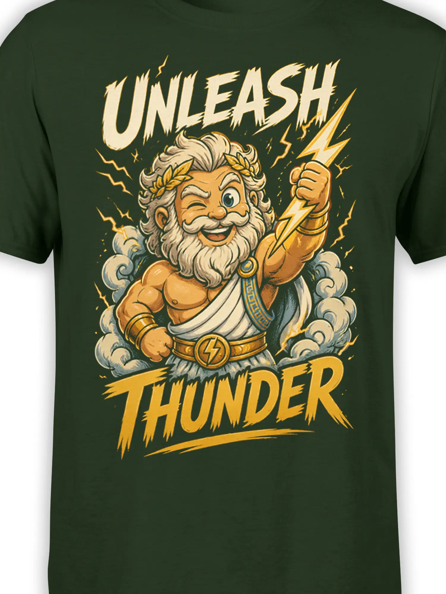 Close-up of thunder god graphic with laurel crown, lightning bolt, storm clouds, and gold details on dark green fabric