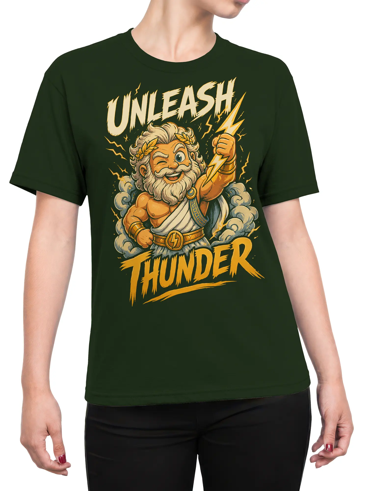 Female torso wearing a dark green mythology T-shirt with a thunder god, lightning bolt, and “UNLEASH THUNDER” design
