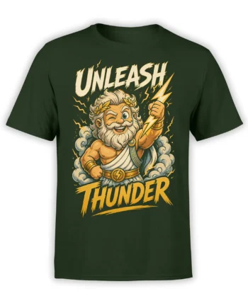Dark green T-shirt with a vintage thunder god holding a lightning bolt beneath “UNLEASH THUNDER” lettering