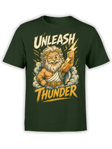 Dark green T-shirt with a vintage thunder god holding a lightning bolt beneath “UNLEASH THUNDER” lettering