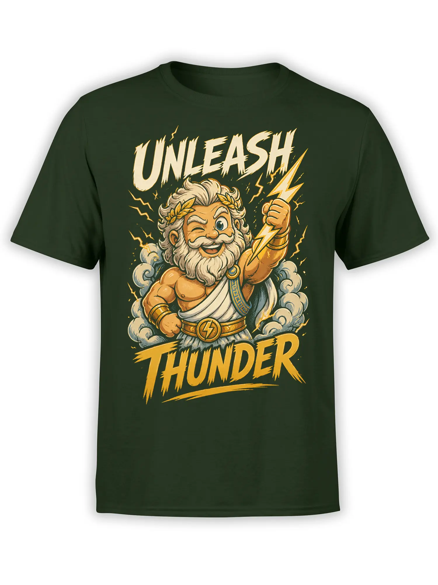 Dark green T-shirt with a vintage thunder god holding a lightning bolt beneath “UNLEASH THUNDER” lettering