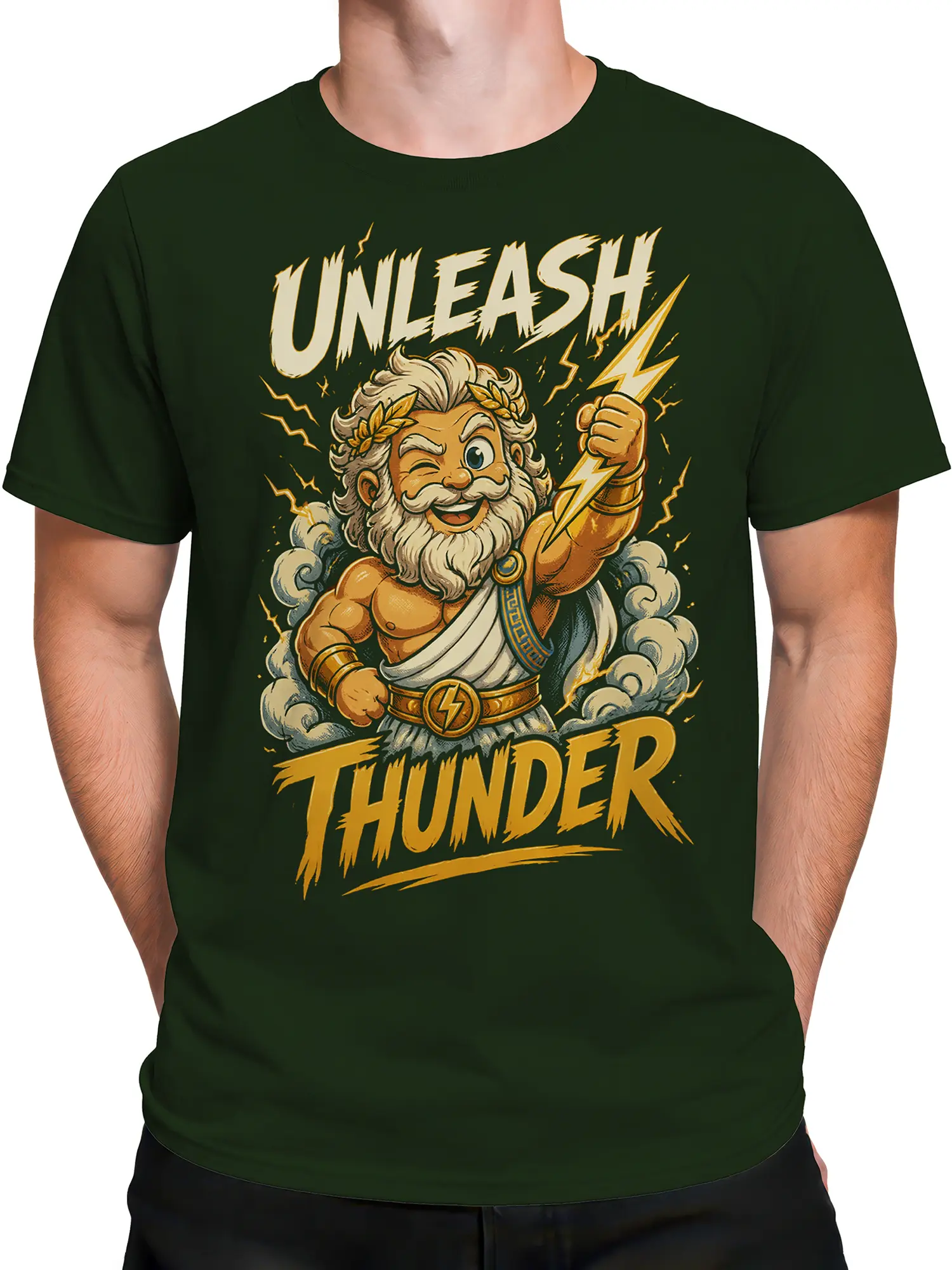 Male torso wearing a dark green thunder god graphic tee with golden lightning and “UNLEASH THUNDER” text