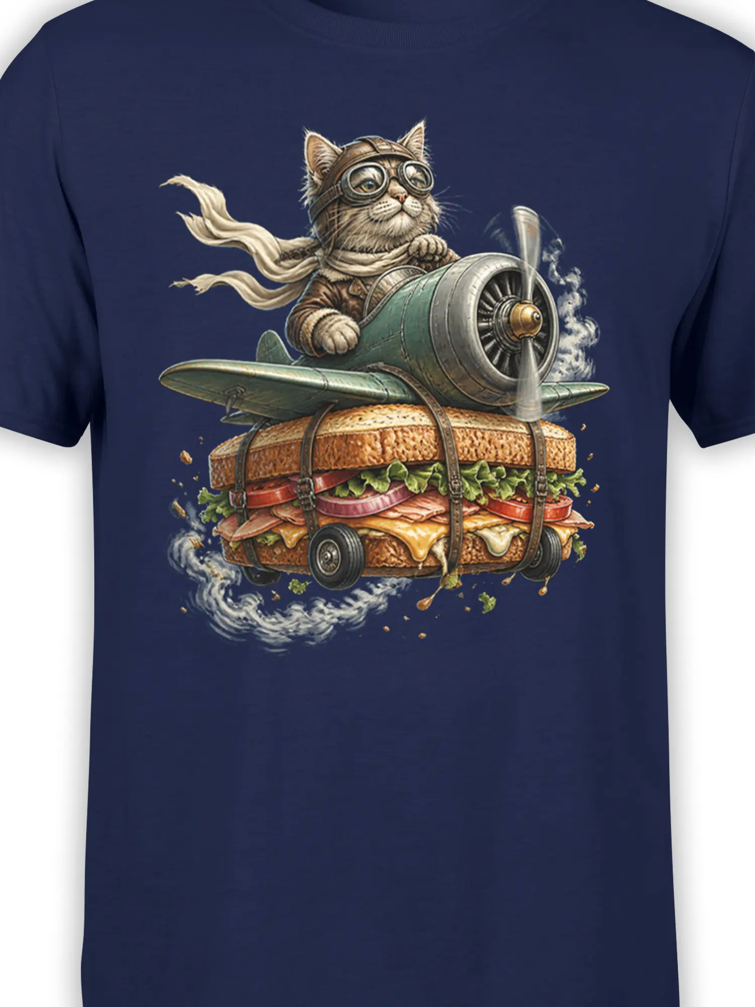 Detailed pilot cat with goggles, scarf, airplane propeller, and sandwich artwork on a navy T-shirt