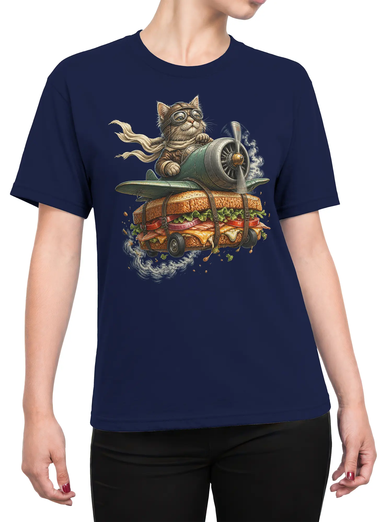 Female torso wearing a navy T-shirt with a goggle-wearing cat flying a sandwich airplane