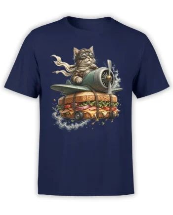 Goggle-wearing cat piloting a propeller airplane attached to a giant sandwich on a navy T-shirt