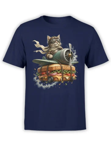 Goggle-wearing cat piloting a propeller airplane attached to a giant sandwich on a navy T-shirt