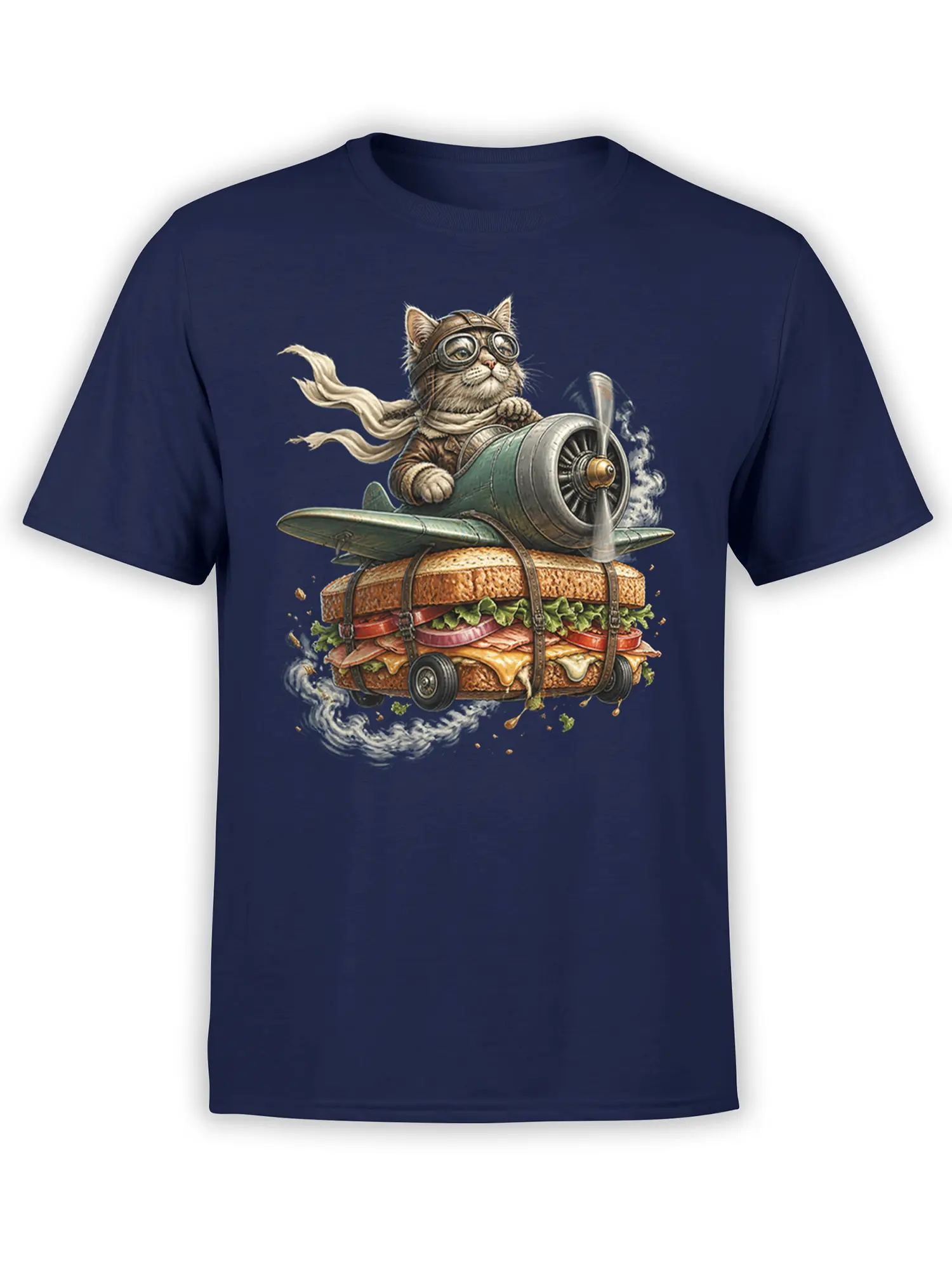 Goggle-wearing cat piloting a propeller airplane attached to a giant sandwich on a navy T-shirt