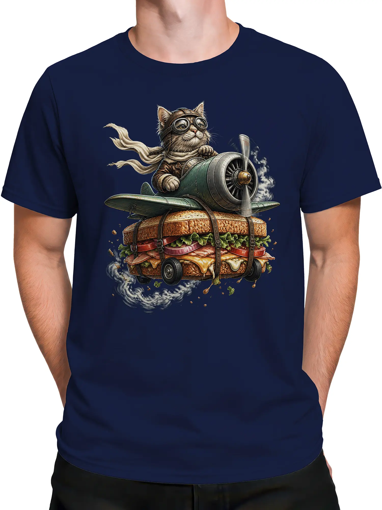 Male torso wearing a navy T-shirt with a cat pilot and flying sandwich graphic