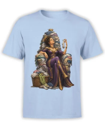Crowned woman seated on a throne of folded laundry while holding a sock on a light blue graphic T-shirt