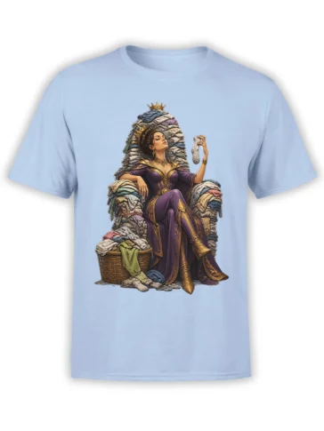 Crowned woman seated on a throne of folded laundry while holding a sock on a light blue graphic T-shirt