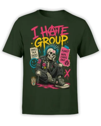 Dark green punk skeleton T-shirt with blue mohawk, neon lettering, and anti-small-talk graphic design
