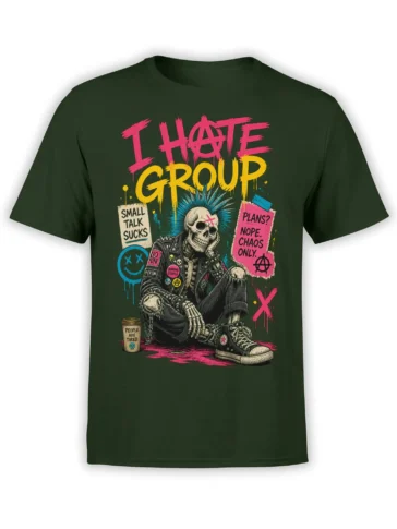 Dark green punk skeleton T-shirt with blue mohawk, neon lettering, and anti-small-talk graphic design