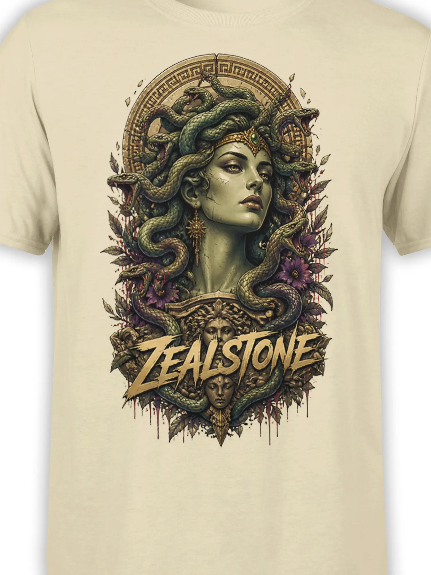 Close-up of serpent-haired woman and curling snakes with purple flowers on a beige fantasy T-shirt