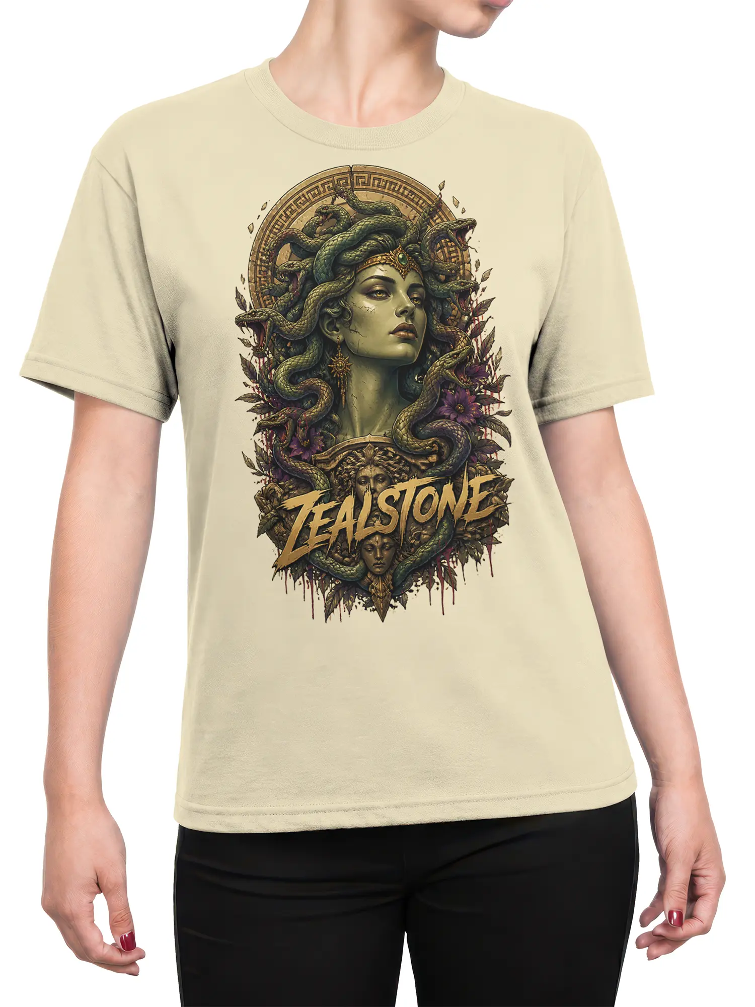 Female torso wearing a beige serpent woman graphic tee with snakes, purple flowers, and vintage fantasy artwork