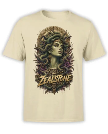 Beige T-shirt with a regal serpent-haired woman, curling snakes, purple flowers, and bold vintage lettering
