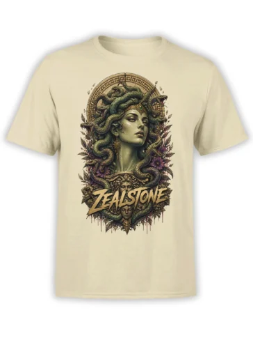 Beige T-shirt with a regal serpent-haired woman, curling snakes, purple flowers, and bold vintage lettering