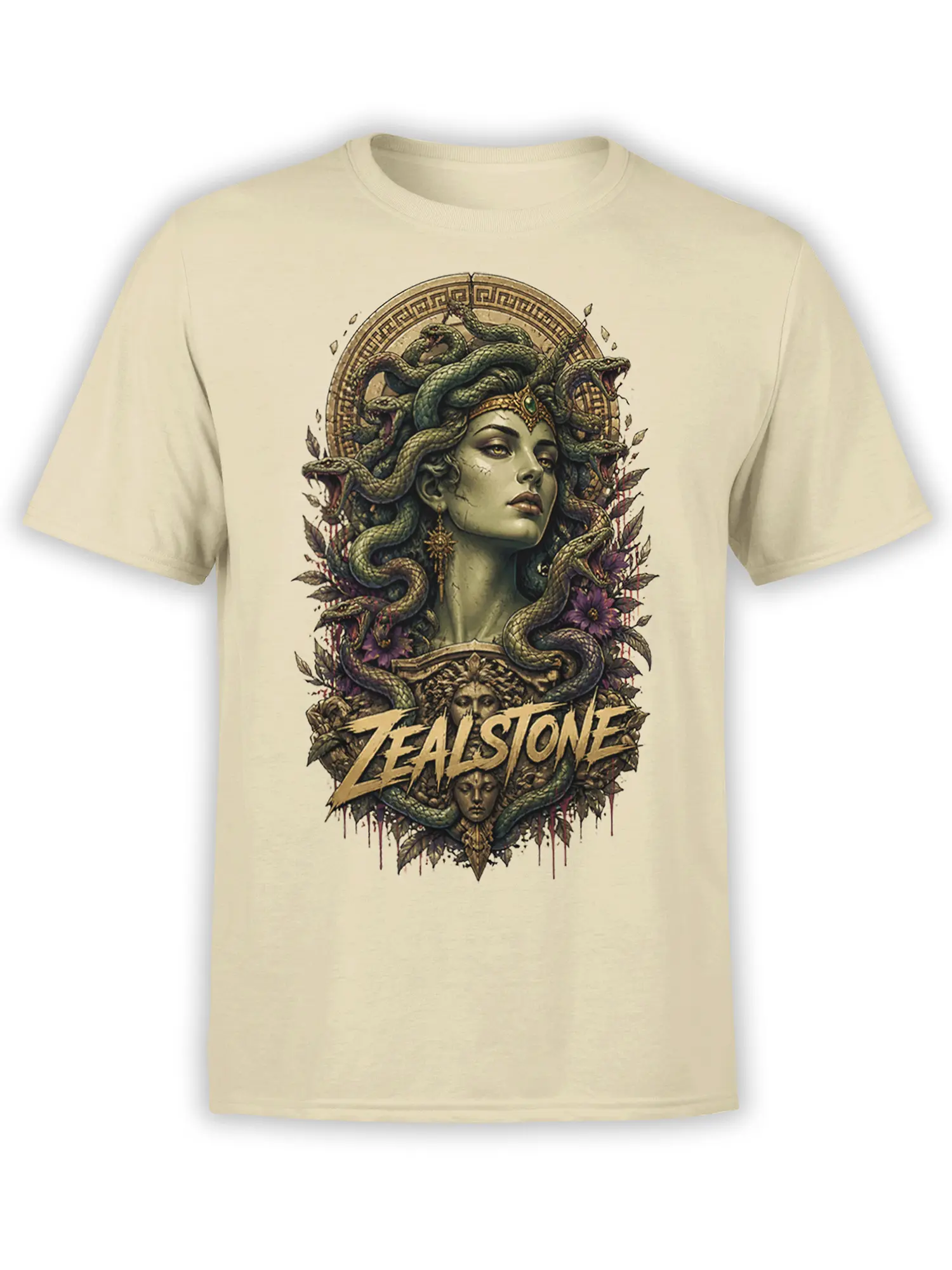 Beige T-shirt with a regal serpent-haired woman, curling snakes, purple flowers, and bold vintage lettering