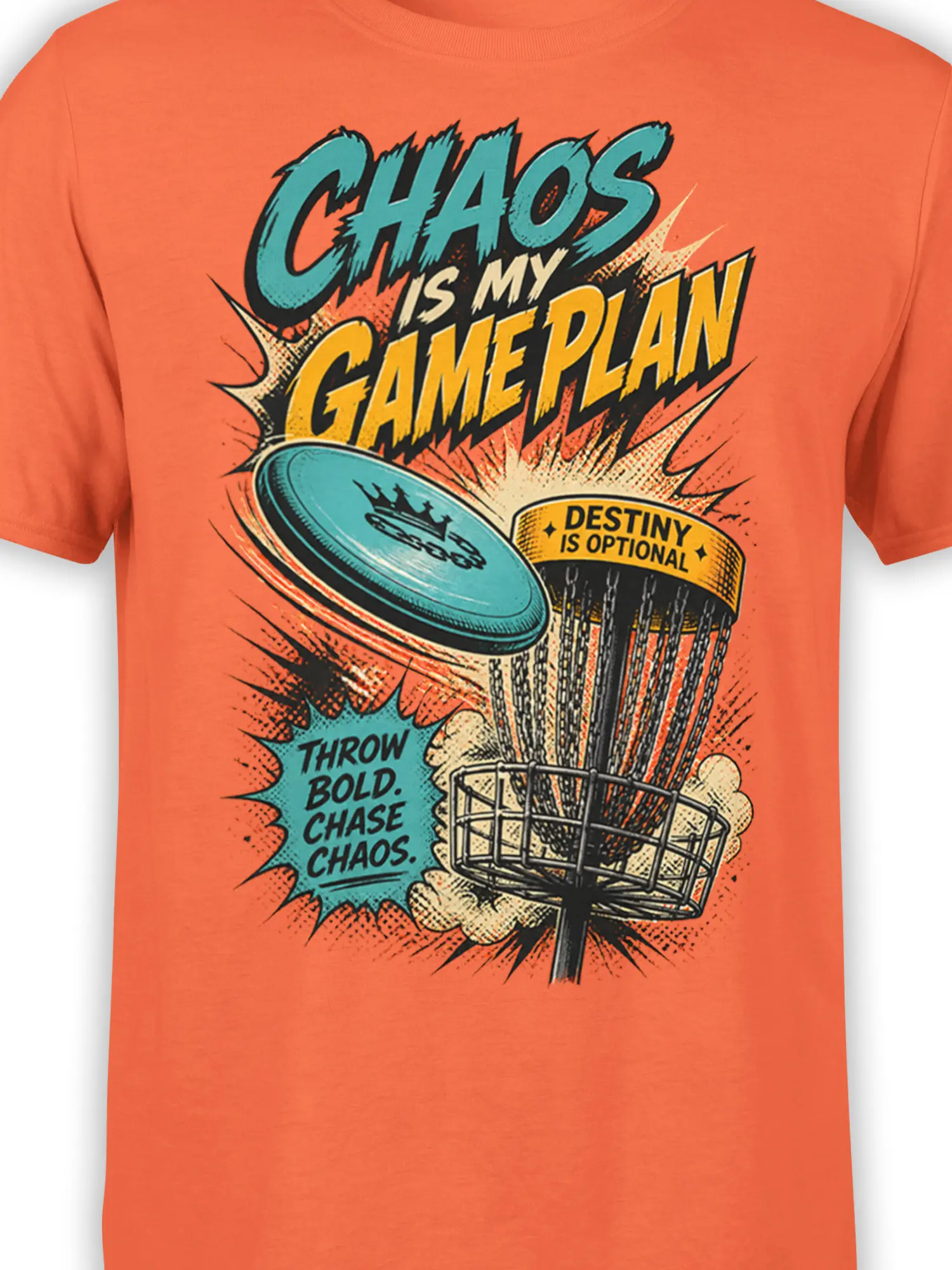 Close-up of orange disc golf shirt graphic showing a flying disc, basket, and “Throw Bold” slogan