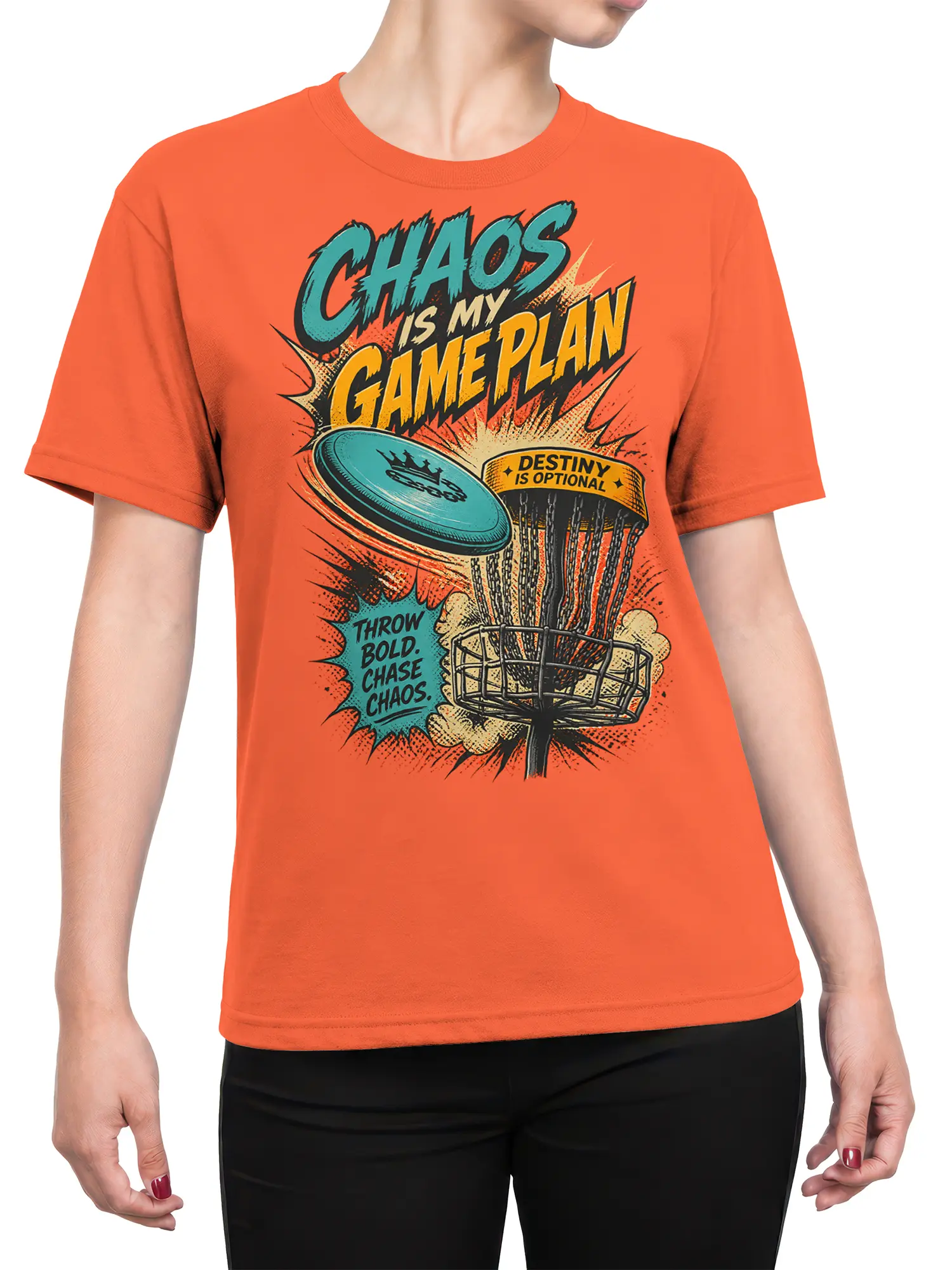 Female torso wearing an orange disc golf T-shirt with a colorful flying disc and basket graphic