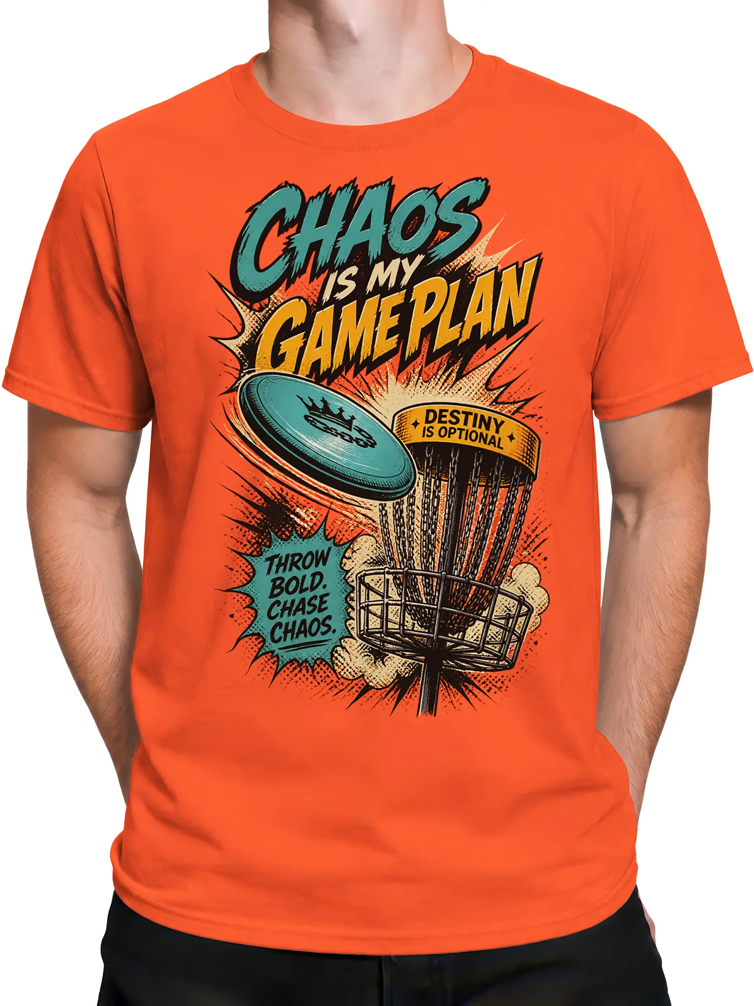 Male torso wearing an orange disc golf T-shirt with a retro basket and flying disc design