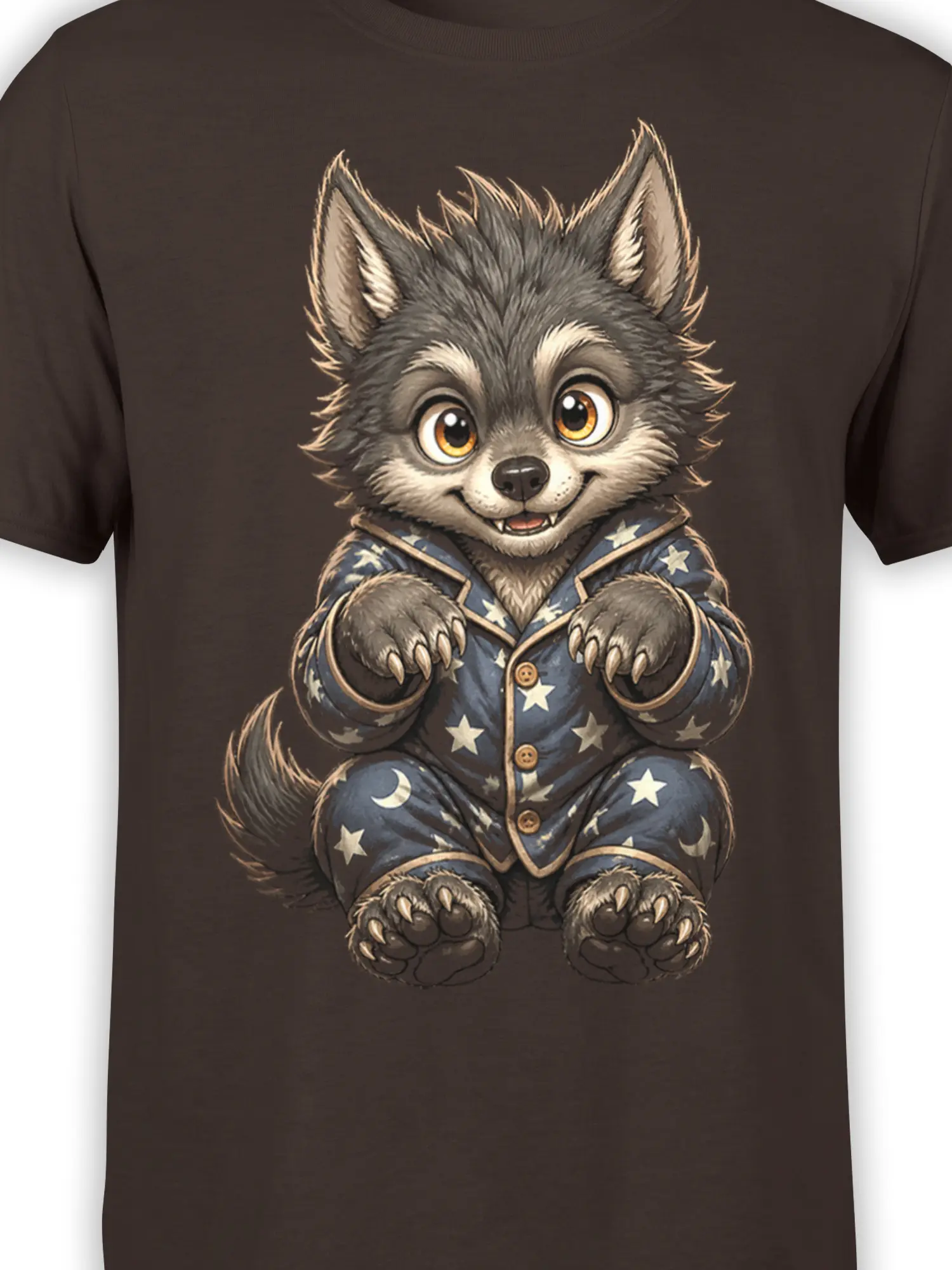Close-up of a smiling gray wolf in celestial pajamas on a dark brown graphic T-shirt