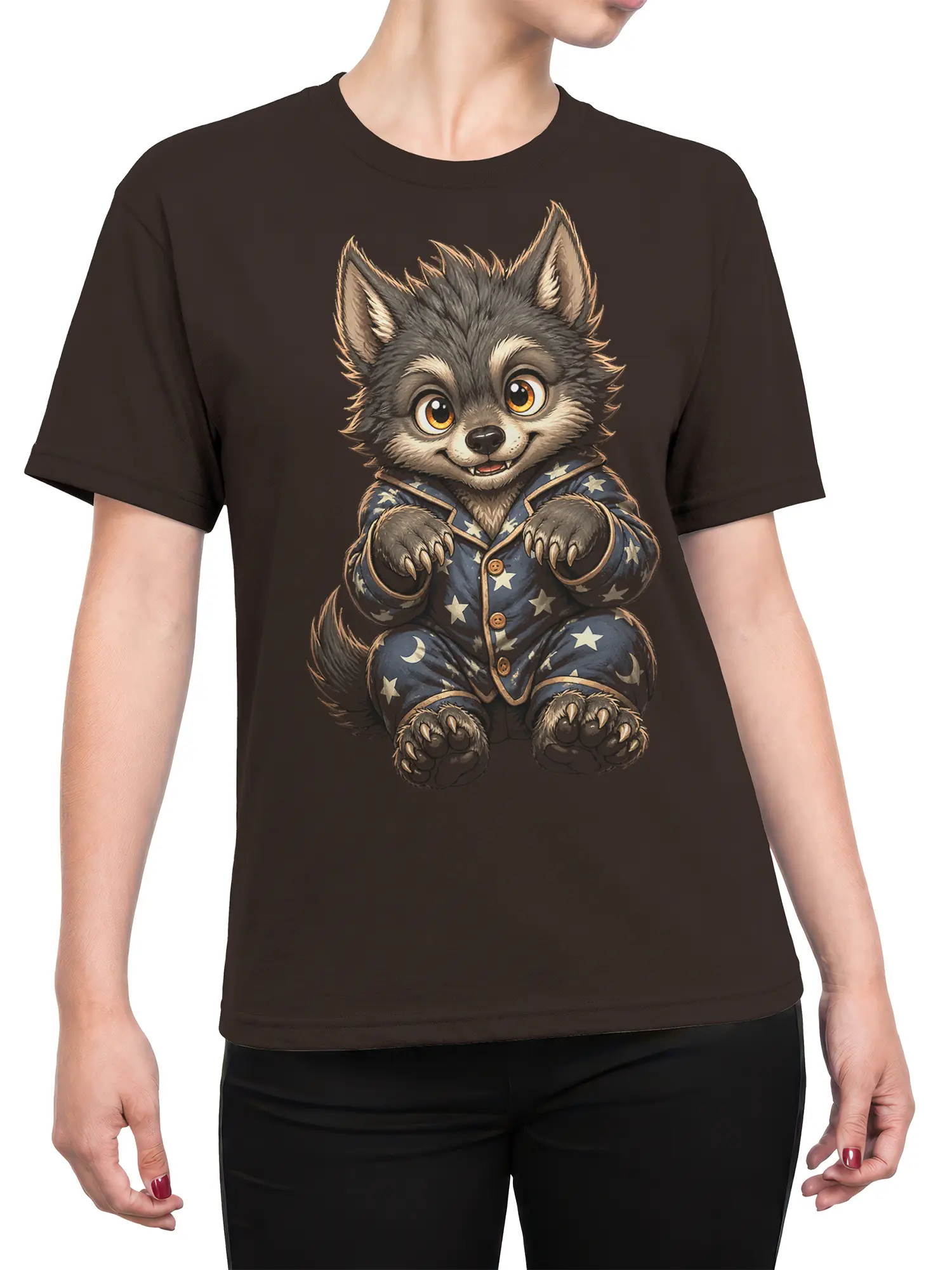 Female torso wearing a dark brown T-shirt with a starry pajama wolf design