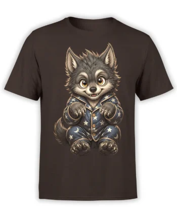 Gray wolf in starry blue pajamas printed on a dark brown T-shirt